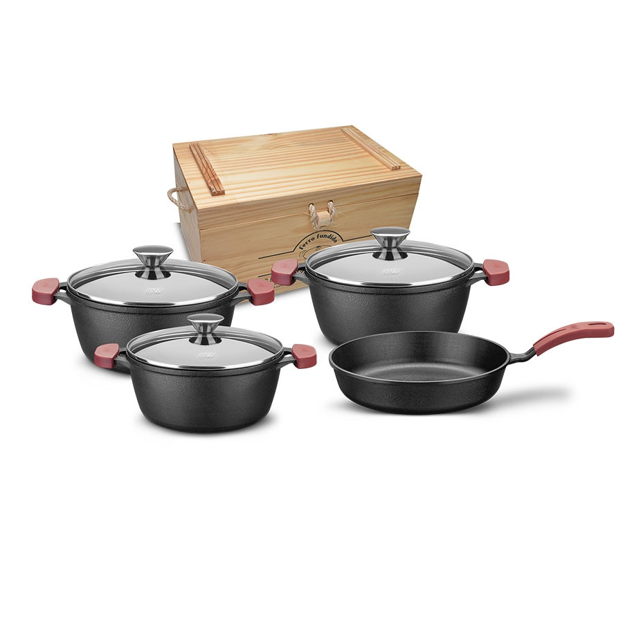 COD:444284172 - CONJUNTO DE OLLAS DE HIERRO 4 PIEZAS CON FREIDORA NEGRO MTA